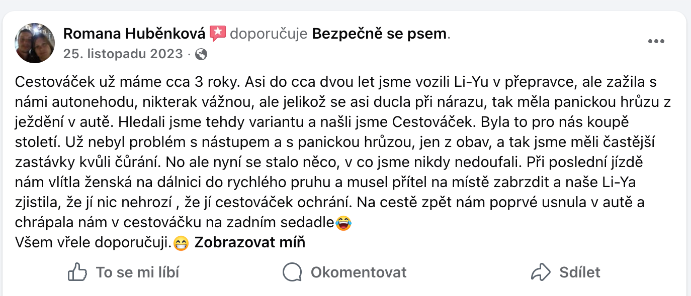 Recenze na Facebooku: po autonehodě měl pes hrůzu z jízdy, s CestoVáčkem se uklidnil a při prudkém brzdění na dálnici byl v bezpečí