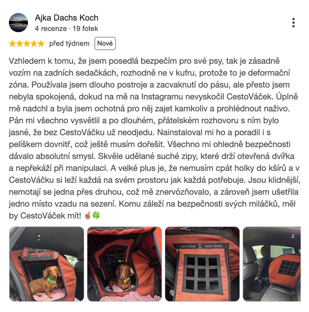 Recenze na Googlu s fotkami jezevčíků v CestoVáčku: majitelka dřív vozila psy v postroji, kufr bere jako deformační zónu